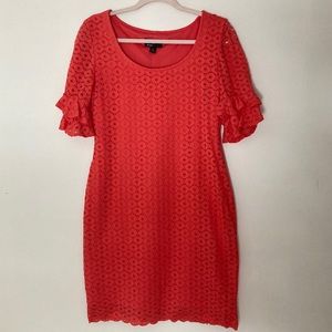 Coral eyelet dress with ruffled sleeves